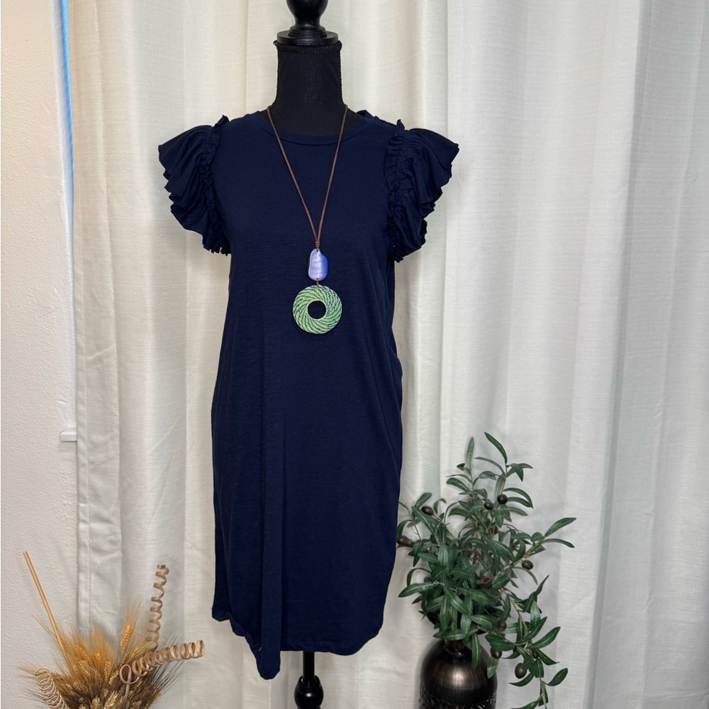 T Tahari Midnight Blue Ruffle Sleeve Midi Dress